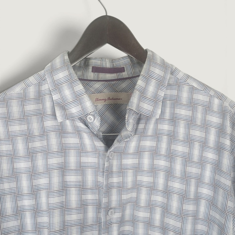 Tommy Bahama Mens Blue Plaid Silk Blend Button Down Shirt L 133-T35071